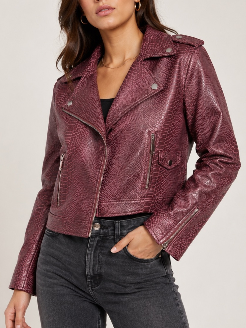 AKIRA Burgundy Croc Embossed Faux Leather Moto Jacket Belted Biker Coat. Size L